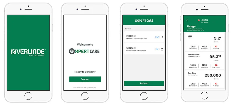 ExpertCare, a smartphone app from VERLINDE, shows floor-level users data from the MT4 electronic monitoring module built into EUROBLOC wire rope hoists on overhead cranes.